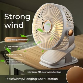 ポータブルクリップオンテーブルファン、360°回転可能、5段階調整可能、強力なグリップ、18650リチウムバッテリー充電可能、USB充電、静音運転、寝室、オフィス、ジム用 - 1200mAh