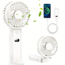 ハンドヘルドファン、ポータブルファン、6-in-1パワーバンク機能、パワフルなエアフロー、22時間連続運転、6段階調整速度、20dB静音、180°折りたたみ式、LEDディスプレイ、Type-C充電式、コンパクト、ネックハンギング、折りたたみスタンド、卓上ファン