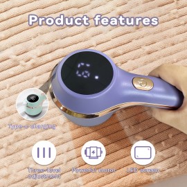 ファブリックシェーバー | USB充電式リントリムーバー | 3段階調節可能な速度 | 携帯用＆コンパクト | LEDディスプレイ付き | 衣類、寝具、家具など多面使用可 | パープルにゴールドアクセント | ピリング削減効果