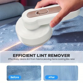 USB充電式ファブリックシェーバー＆リントリムーバー - 衣類、寝具、家具、カーペット、ソファ用ポータブル電動セーターシェーバー - ホワイトにピンクアクセント、36V、家庭用コンパクトクリーニングツール、衣類用リントリムーバー